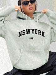 Women's autumn and winter warm and loose casual New York USA letter printed suede long sleeved hooded sweatshirt