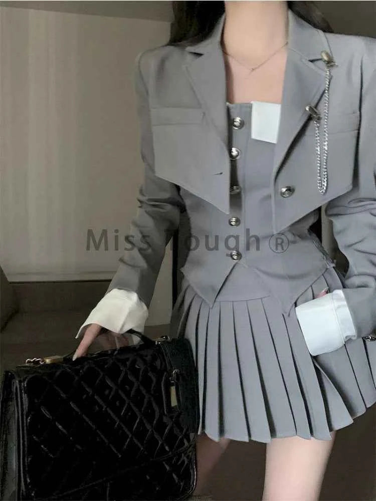 Preppy Style Elegant 3 Piece Set Women Fashion Casual Blazer Suit Female Pleated Mini Skirt + Irregular Camisole + Short Jacket