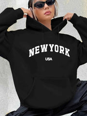 Women's autumn and winter warm and loose casual New York USA letter printed suede long sleeved hooded sweatshirt