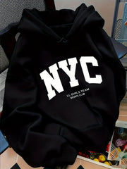 سويت شيرت نسائي خريف وشتاء دافئ وفضفاض كاجوال مطبوع عليه حروف نيويورك الولايات المتحدة الأمريكية، من الجلد السويدي، بأكمام طويلة وغطاء رأس