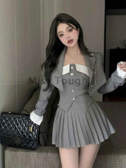 Preppy Style Elegant 3 Piece Set Women Fashion Casual Blazer Suit Female Pleated Mini Skirt + Irregular Camisole + Short Jacket