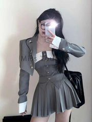 Preppy Style Elegant 3 Piece Set Women Fashion Casual Blazer Suit Female Pleated Mini Skirt + Irregular Camisole + Short Jacket